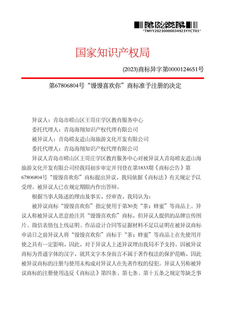 我司成功代理“饅饅喜歡你”商標(biāo)異議答辯案！